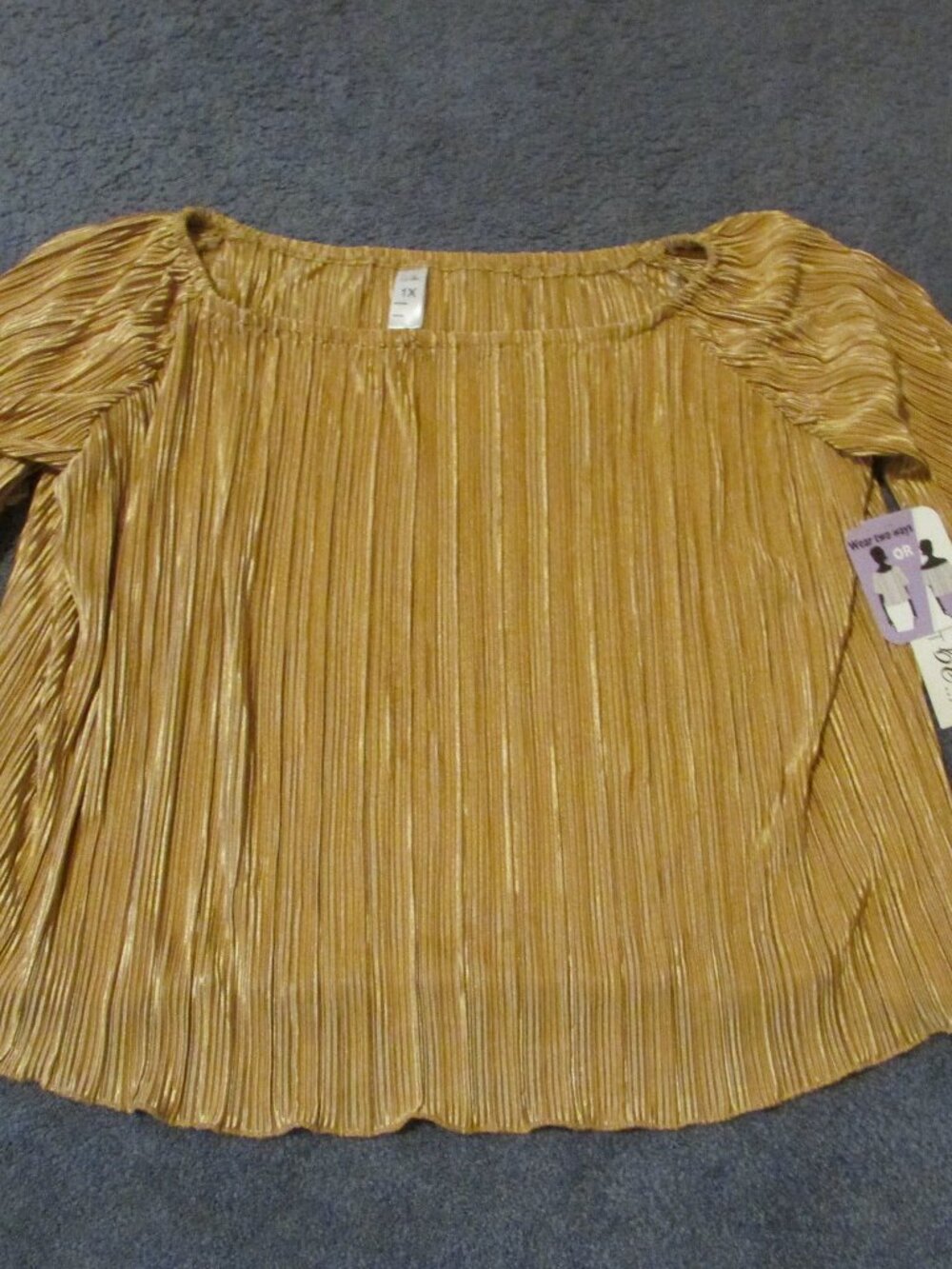 NWT Just Be 1X Gold Pleated Short Sleeve Blouse On Or Off Shoulder Stretchy